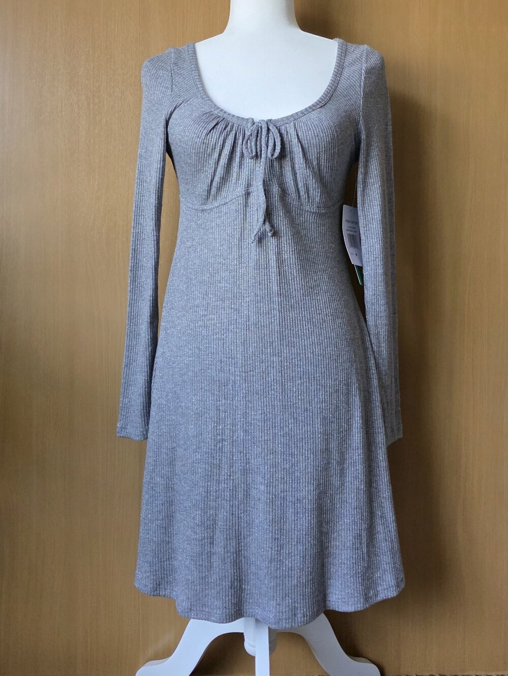Ribbed Tie Front Skater Dress Heather Gray Long Sleeve Small Coquette NWT